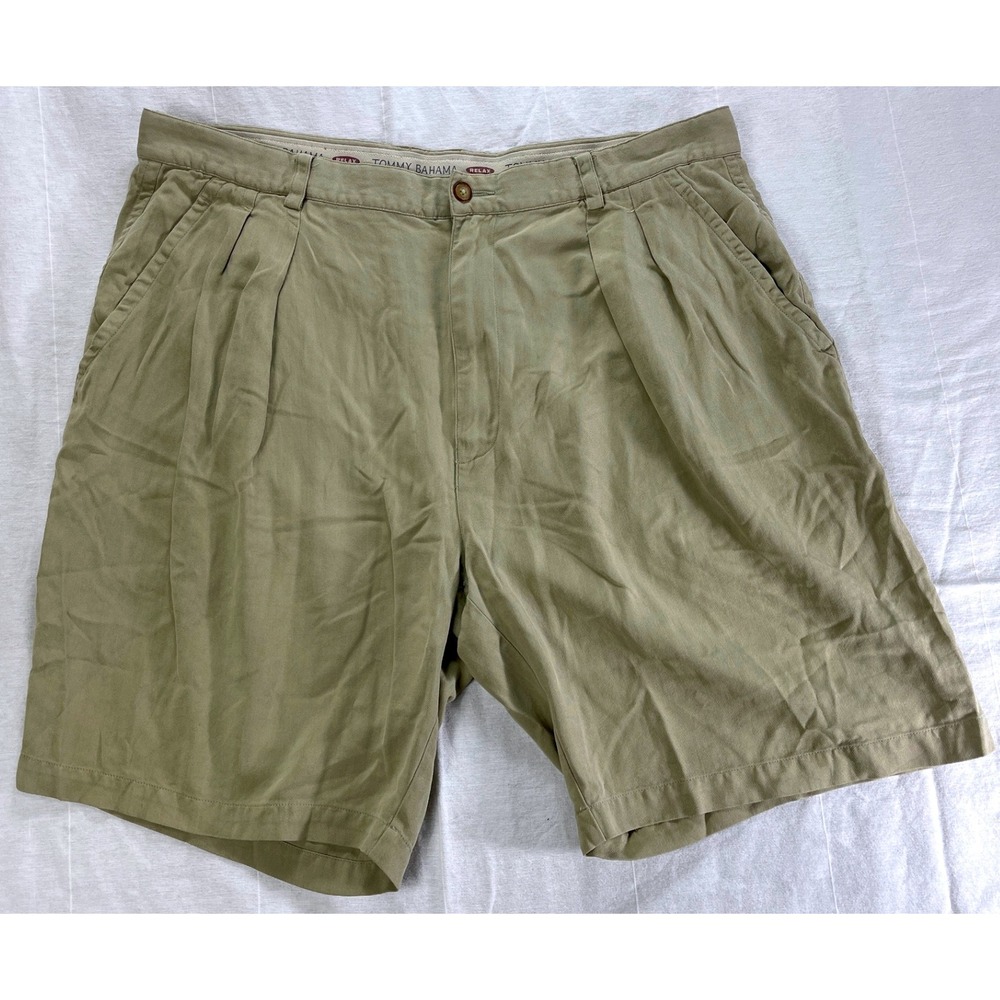 Tommy Bahama Relax Silk Blend Khaki Shorts Pleated Front Mens Size 38